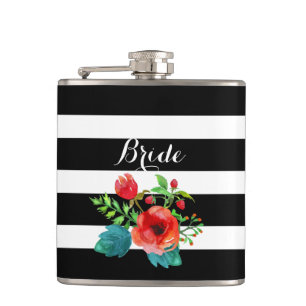 Black & White Stripes Water Colour Floral Accent Hip Flask