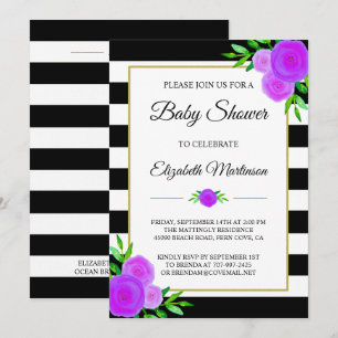Black White Stripes Watercolor Floral Baby Shower Invitation