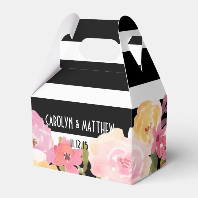 Black White Stripes Watercolor Floral Wedding Favour Box (Front Side)