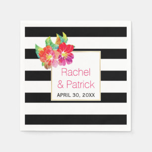 Black, white stripes, watercolor flowers wedding napkin