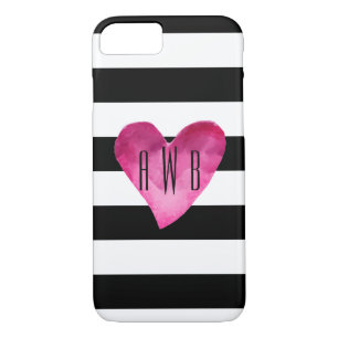 Black + White Stripes Watercolor Heart Monogram iPhone 8/7 Case