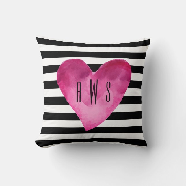 Black + White Stripes Watercolor Heart Monogram Cushion (Front)