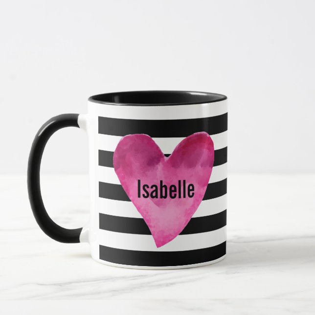 Black + White Stripes Watercolor Heart YOUR NAME Mug (Left)