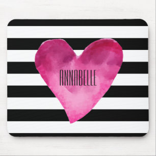 Black + White Stripes Watercolor PINK Heart NAME Mouse Mat