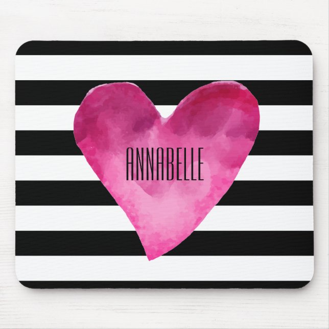 Black + White Stripes Watercolor PINK Heart NAME Mouse Mat (Front)