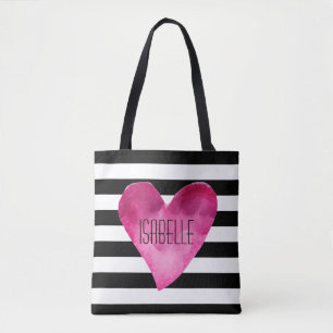 Black + White Stripes Watercolor Pink Heart name Tote Bag