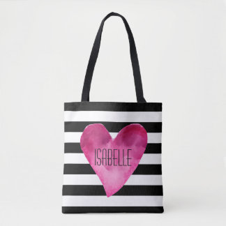 Black + White Stripes Watercolor Pink Heart name Tote Bag