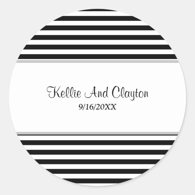 Black/White Stripes Wedding Classic Round Sticker (Front)