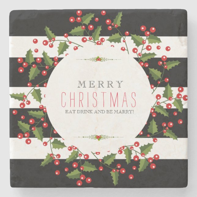 Black & White Stripes With Christmas Wreath Stone Coaster (Front)