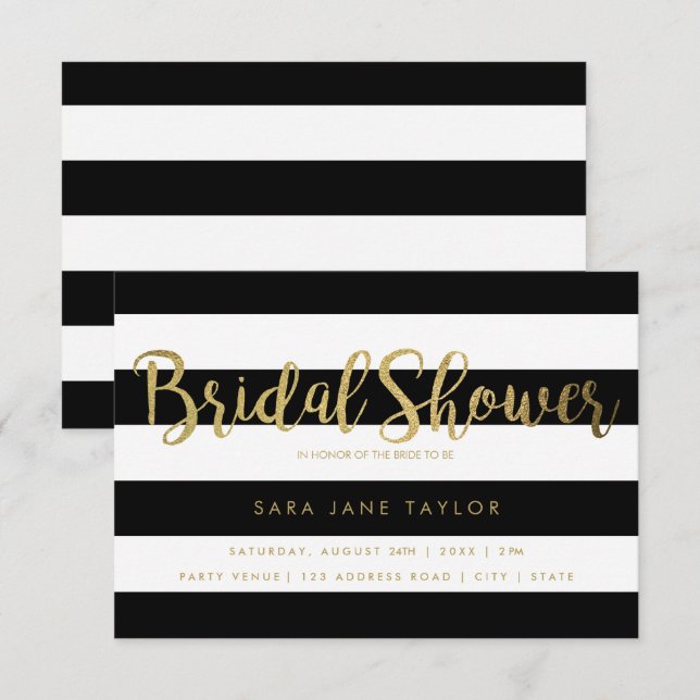 Black & White Stripes with Gold Foil Bridal Shower Invitation (Front/Back)