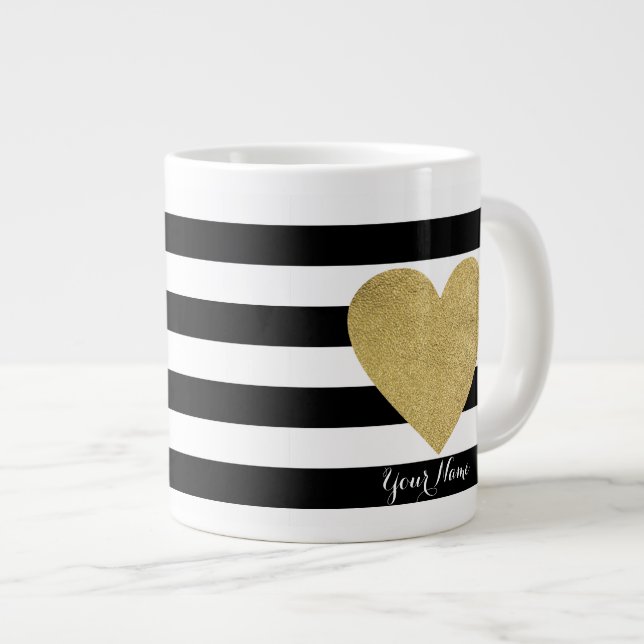Black & White Stripes with Gold Foil Heart Large Coffee Mug (Front Right)