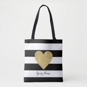 Black & White Stripes with Gold Foil Heart Tote Bag