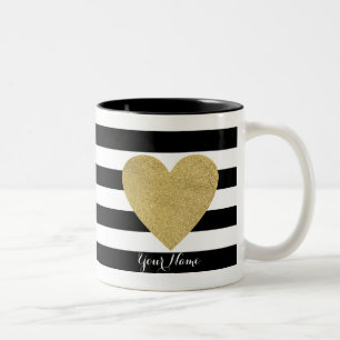 Black & White Stripes with Gold Foil Heart Two-Tone Coffee Mug