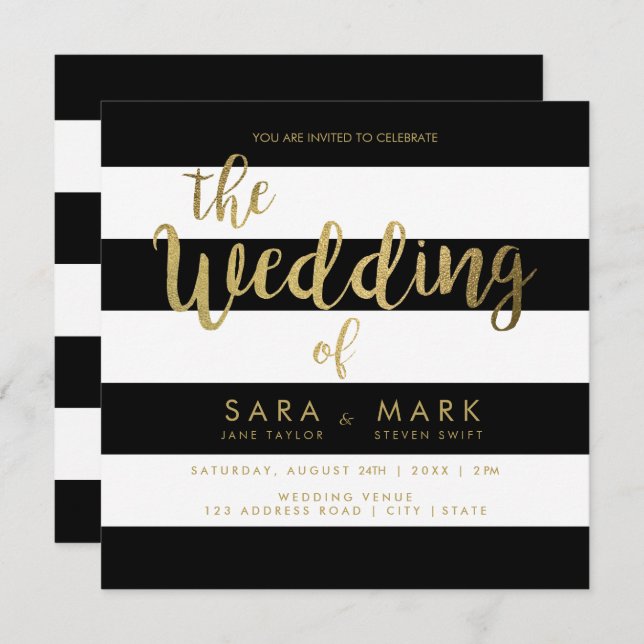 Black & White Stripes with Gold Foil Typography Invitation (Front/Back)