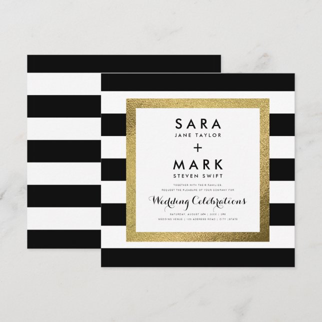 Black & White Stripes with Gold Foil Wedding Invitation (Front/Back)