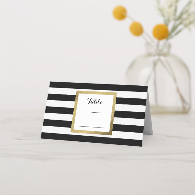 Black & White Stripes with Gold Foil Wedding Table Place Card (Front)