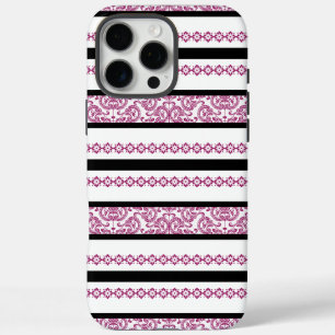 Black & White Stripes with Magenta Floral Pattern iPhone 16 Pro Max Case