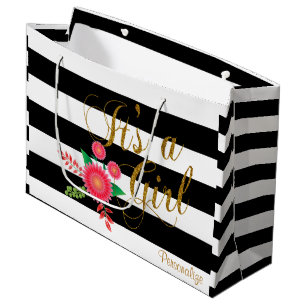 Black & White Stripes With Pink Flowers Baby Girl Large Gift Bag