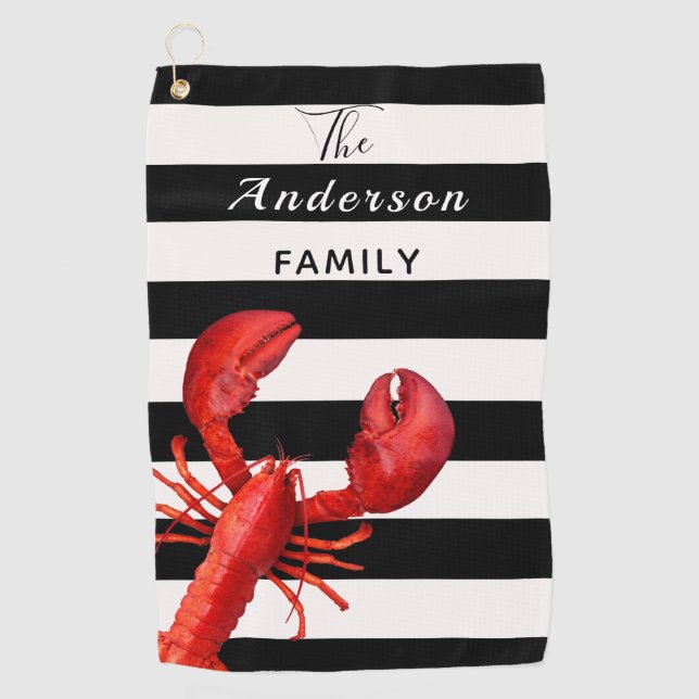 Black white stripes with red lobster family name golf towel (Front)