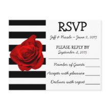 Black & White Stripes with Red Rose Wedding RSVP