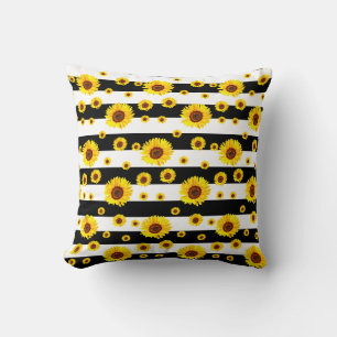 Black White Stripes With Sunflower Flower Cushion