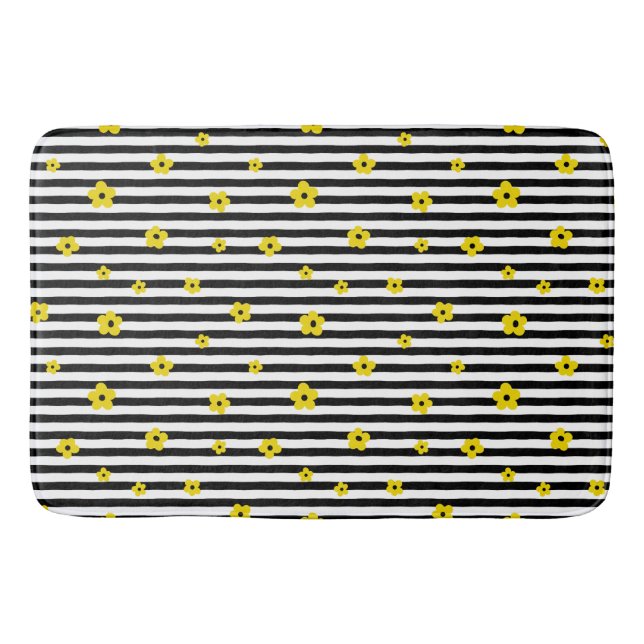 BLACK & WHITE STRIPES WITH TINY YELLOW FLOWERS BATH MAT (Front)