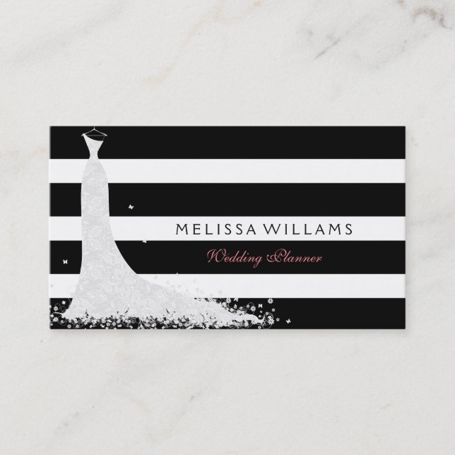 Black & White Stripes With White Wedding Dress Business Card (Front)
