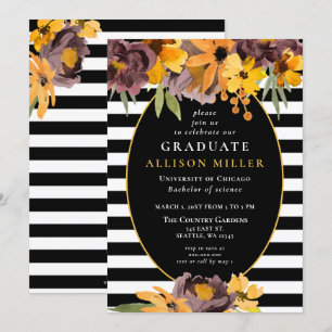 Black White Stripes Yellow Floral Graduation Party Invitation