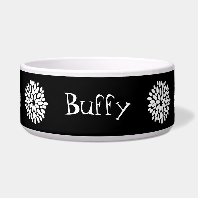 Black & White Stylised Floral Custom Dog Bowl (Front)