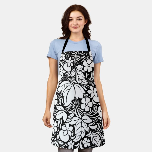 Black & White Stylised Floral Pattern 2 Apron (Worn)