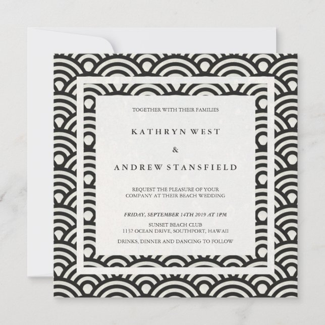 Black + White Stylised Waves Elegant Beach Wedding Invitation (Front)