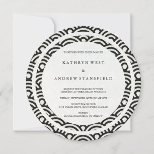 Black + White Stylised Waves Elegant Beach Wedding Invitation