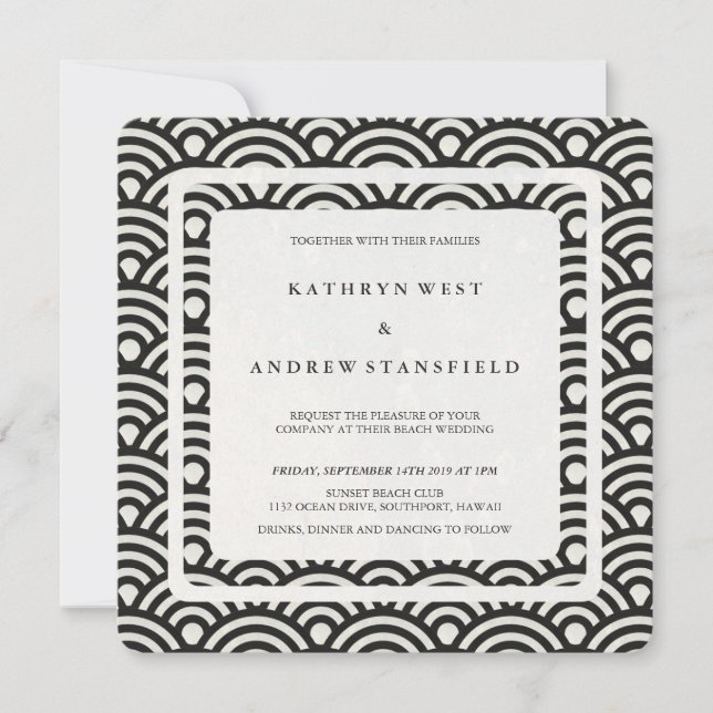 Black + White Stylised Waves Modern Beach Wedding Invitation (Front)