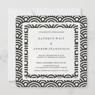 Black + White Stylised Waves Modern Beach Wedding Invitation