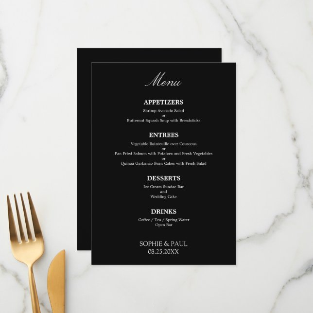 Black White Stylish Elegant Wedding Menu (Front/Back In Situ)