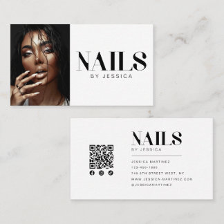 Black White Stylish Photo QR Code Nail Salon Business Card