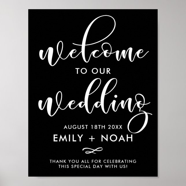 Black & White Stylish Script Welcome Wedding Sign (Front)