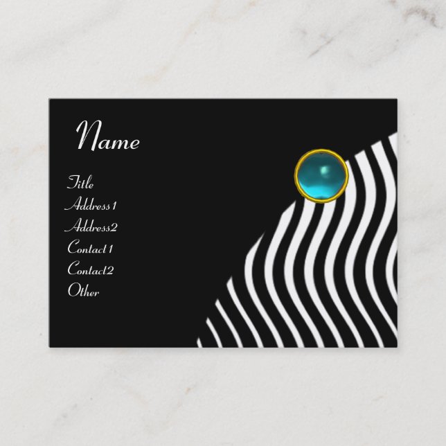 BLACK WHITE STYLISH WAVES,BLUE GEMSTONE MONOGRAM BUSINESS CARD (Front)