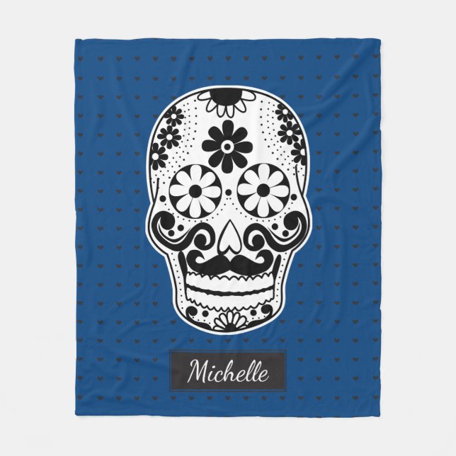 Black & White Sugar Skull Micro Heart Cobalt Blue Fleece Blanket (Front)