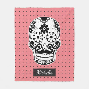 Black & White Sugar Skull Micro Heart Coral Pink Fleece Blanket