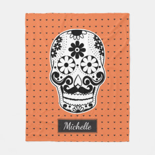 Black & White Sugar Skull Micro Heart Orange Fleece Blanket
