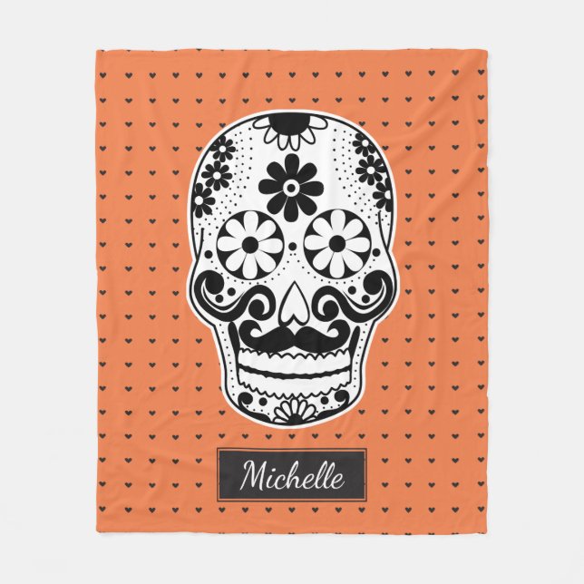 Black & White Sugar Skull Micro Heart Orange Fleece Blanket (Front)