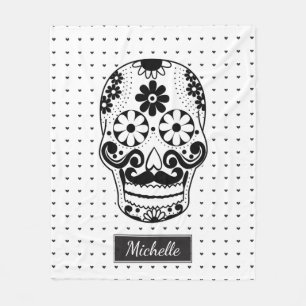 Black & White Sugar Skull Micro Heart Personalised Fleece Blanket