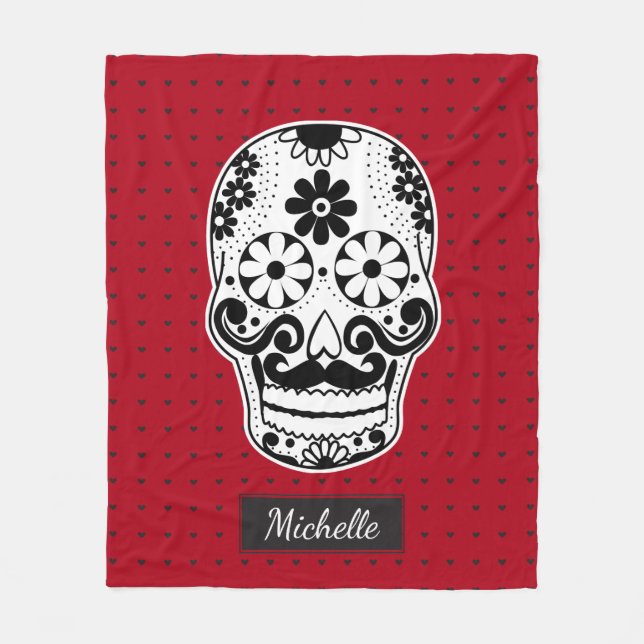 Black & White Sugar Skull Micro Heart Red Fleece Blanket (Front)