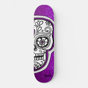 Black White Sugar Skull Purple Glitter Sparkles Skateboard