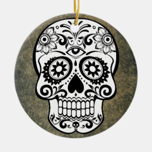 Black & White Sugar Skull Slate Ornament Round