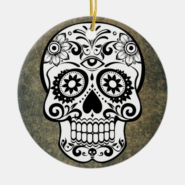 Black & White Sugar Skull Slate Ornament Round (Front)