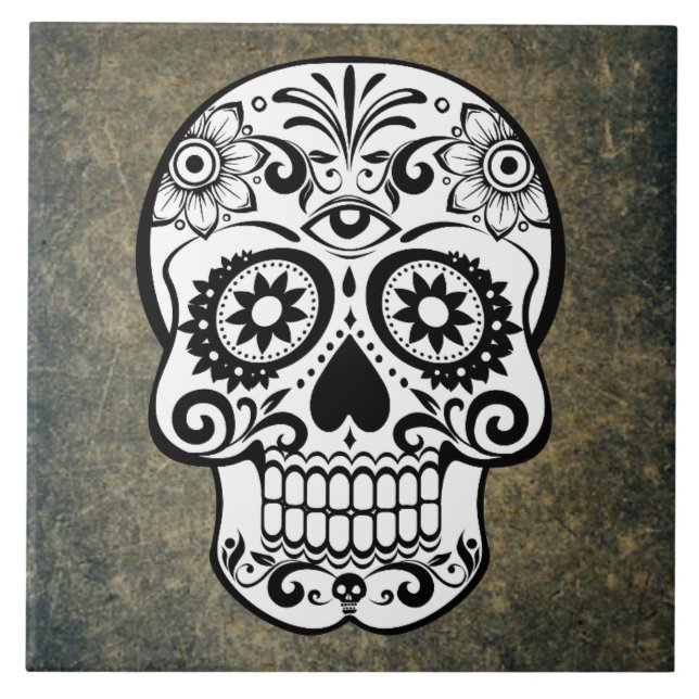 Black & White Sugar Skull Slate Tile (Front)
