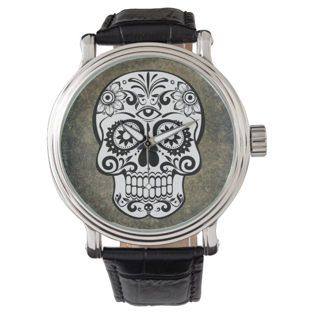 Black & White Sugar Skull Slate Watch Vintage (Front)