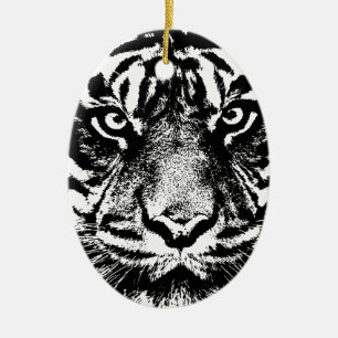 Black White Sumatran Borneo Tiger Eye Artwork Ceramic Tree Decoration